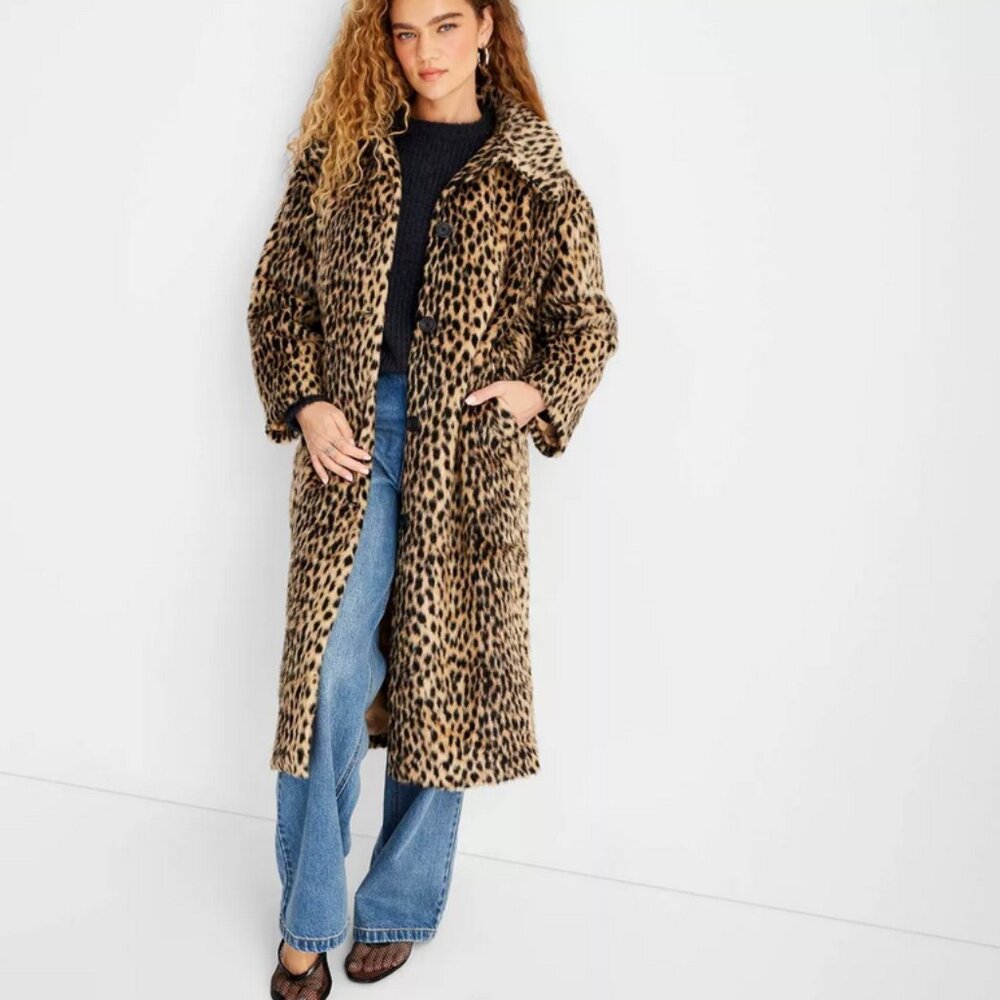 Women's Faux Fur Coat - Future Collective Brown Leopard Print L